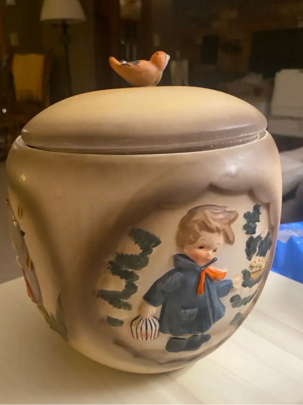 Vintage Napco Hummel Style Ceramic Cookie Jar with Birds. No cracks or breakage